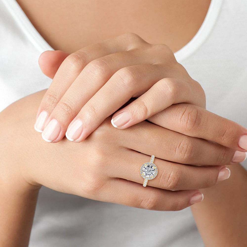 Round Halo Lab Grown Diamond Engagement Ring, Female Model Hand
