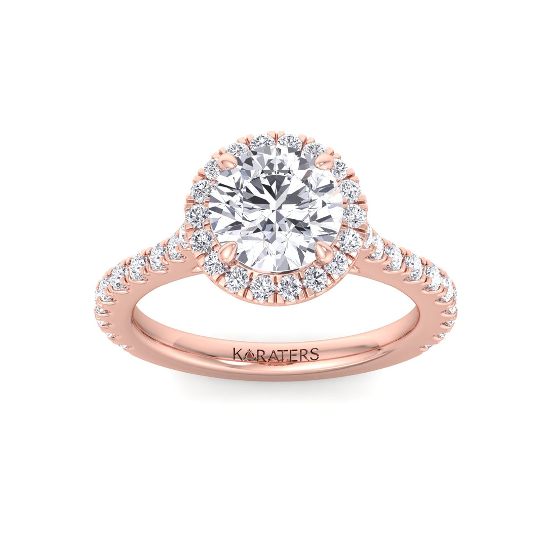 Round Halo Lab Grown Diamond Ring, Rose Gold, Top Down