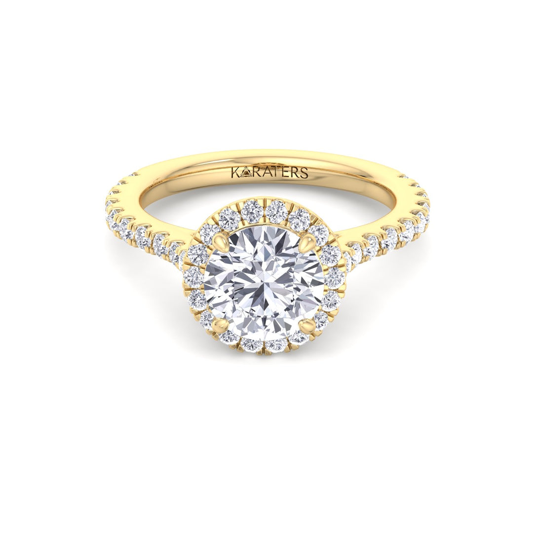 Round Halo Yellow Gold Diamond Ring With Thin Pave Band, front