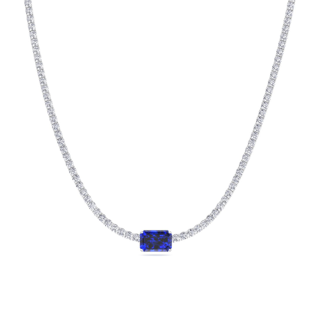 Single Stone Sapphire Lab Diamond Tennis Necklace 14K Solid Gold