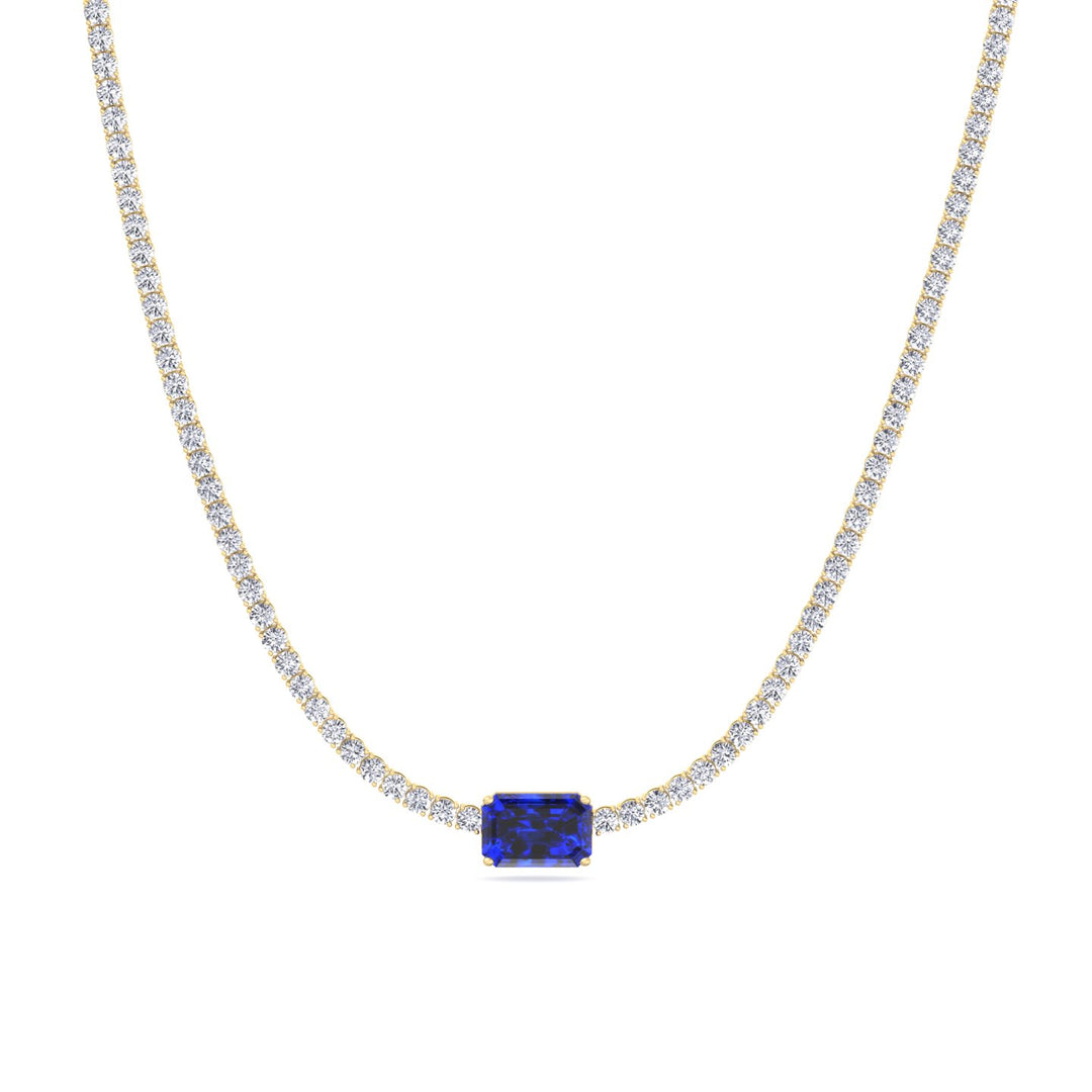 Single Stone Sapphire Lab Diamond Tennis Necklace 14K Yellow Gold