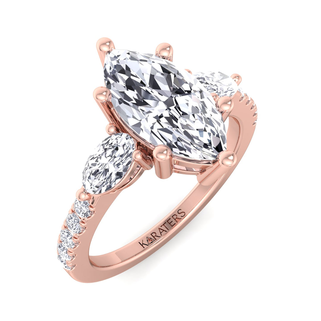 Thymian-Marquise Cut Lab Rose Gold Diamond Ring With SideStones, Top Down