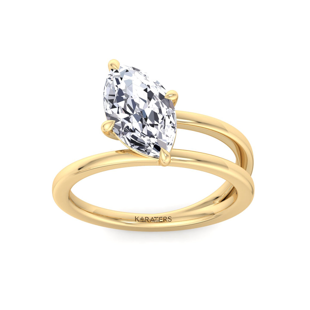 Twist Band Solitaire Moval Lab Diamond Ring Yellow Gold, Top Down