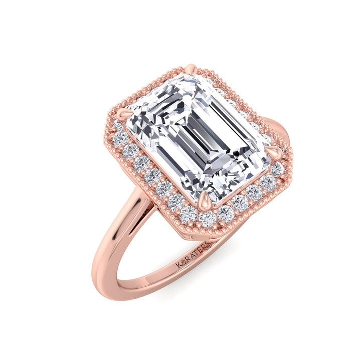Vintage Emerald Cut Halo Lab-Grown Diamond Ring Rose