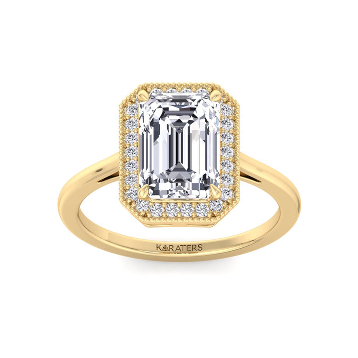 Vintage Emerald Cut Halo Lab-Grown Diamond Ring Yellow