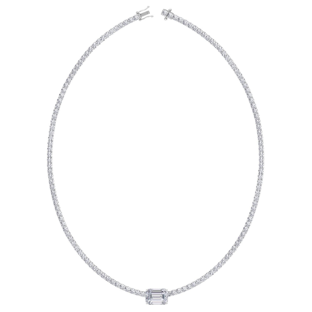 (10.75CT T.W) Classic Lab-Grown Diamond Tennis Necklace With Emerald Cut Center Stone 18K Solid Gold