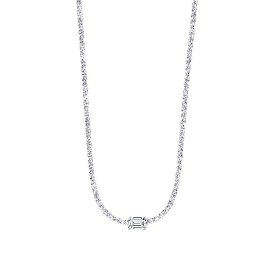 (10.75CT T.W) Classic Lab-Grown Diamond Tennis Necklace With Emerald Cut Center Stone 18K Solid Gold