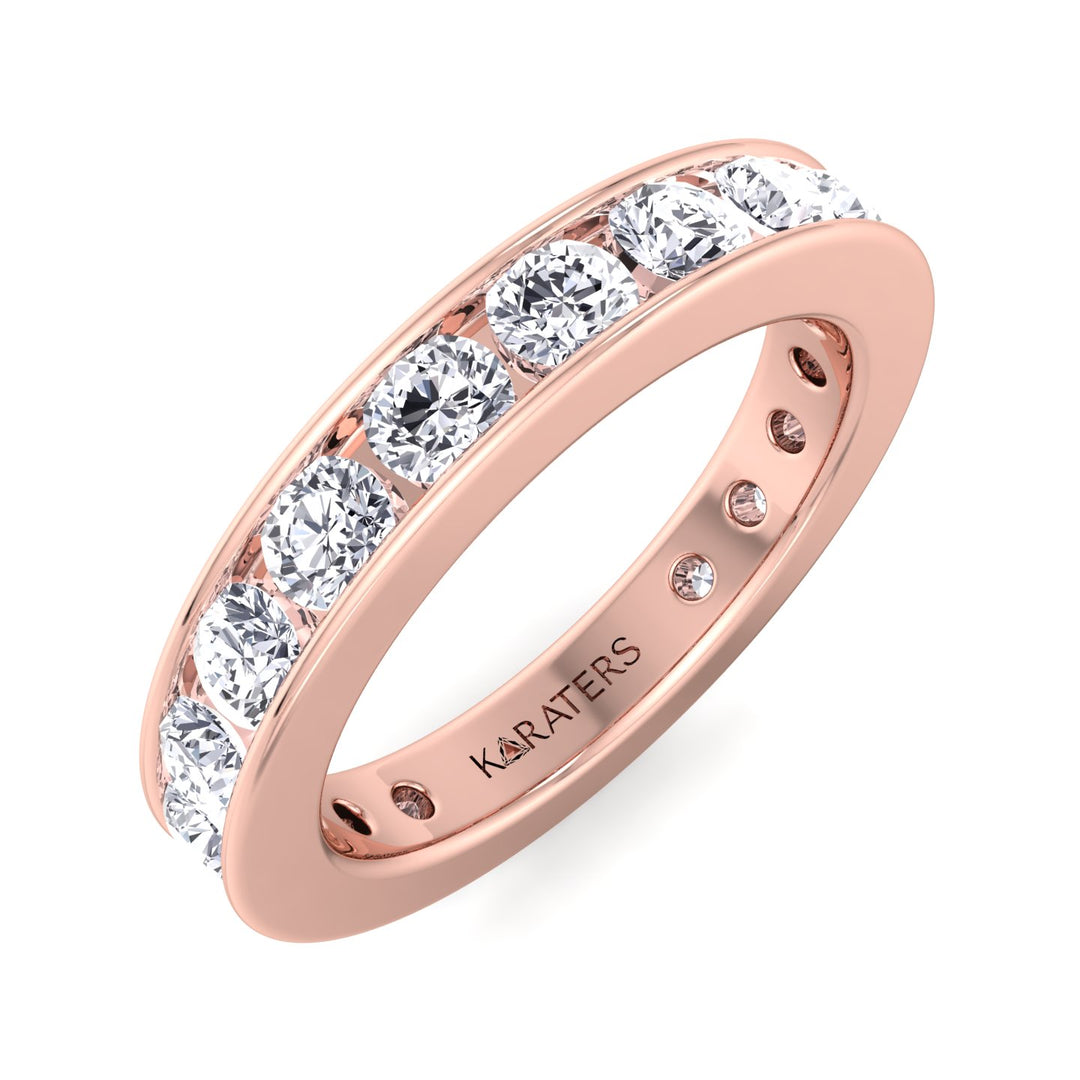 Yecla-Round Lab Rose Gold Diamond Channel Set Eternity Band, Tilted
