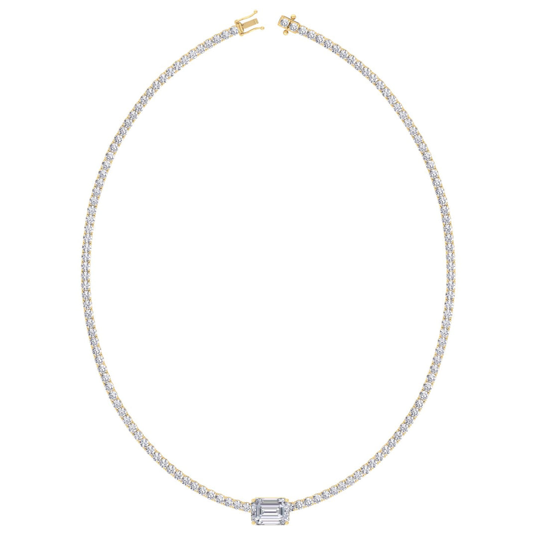 (10.75CT T.W) Classic Lab-Grown Diamond Tennis Necklace With Emerald Cut Center Stone 18K Solid Gold