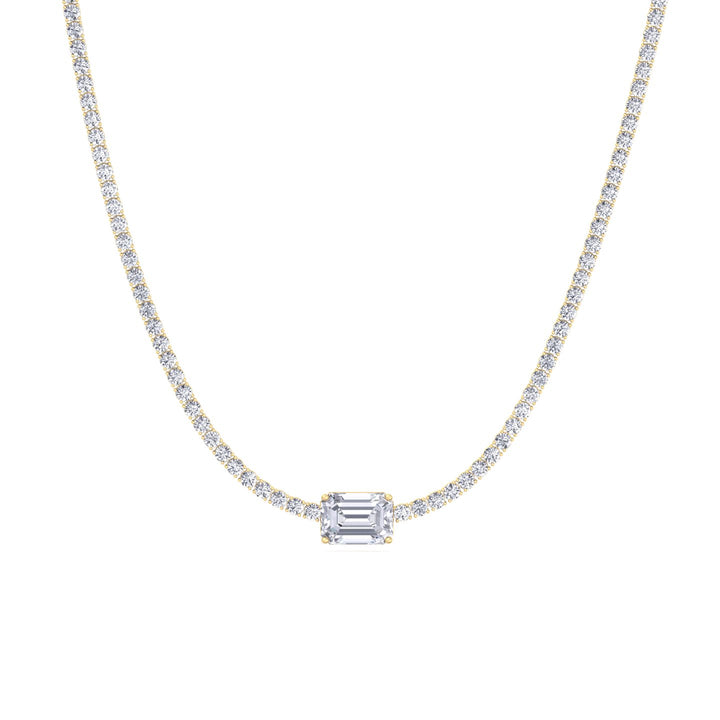 (10.75CT T.W) Classic Lab-Grown Diamond Tennis Necklace With Emerald Cut Center Stone 18K Solid Gold