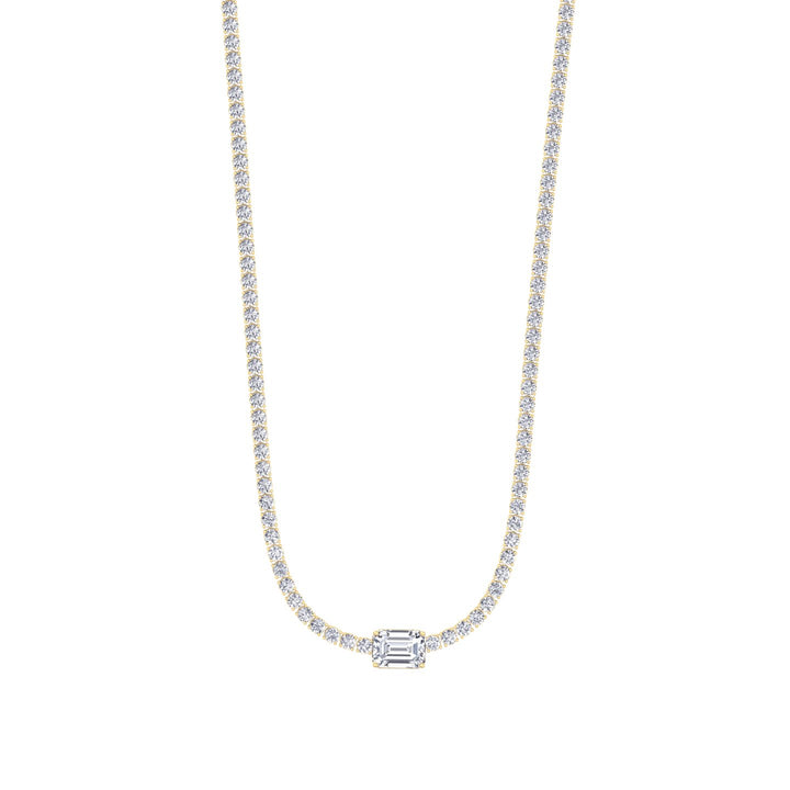 (10.75CT T.W) Classic Lab-Grown Diamond Tennis Necklace With Emerald Cut Center Stone 18K Solid Gold