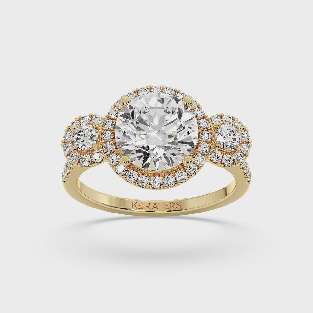 Assen - Round Cut Triple Halo Lab Grown Diamond Engagement Ring With SideStones, Yellow Gold