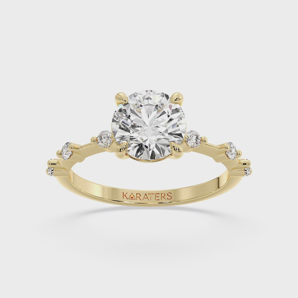 round-cut-solitaire-lab-grown-diamond-engagement-ring-with-sidestones-solid-yellow-gold-band